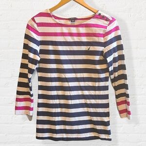 Nautica Pink & Navy Striped Top 3/4 Sleeves Spring Shirt